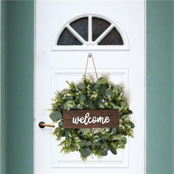 Artificial Eucalyptus Wreath 17.7inch Door Decor Wreath with Wooden Sign Welcome - Picture 2 of 6